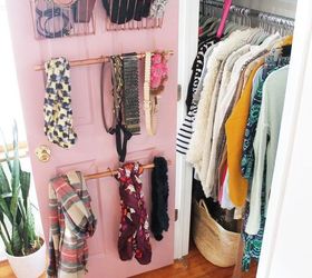 s 13 beauty hacks for your overstuffed closet, closet, doors, organizing, Put stylish pipe hangers inside your door