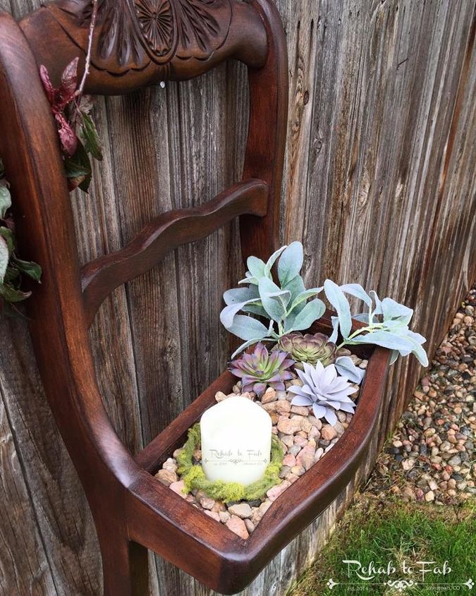 a broken old chair up cycled into a succulent wall planter, container gardening, flowers, gardening, repurpose household items, succulents