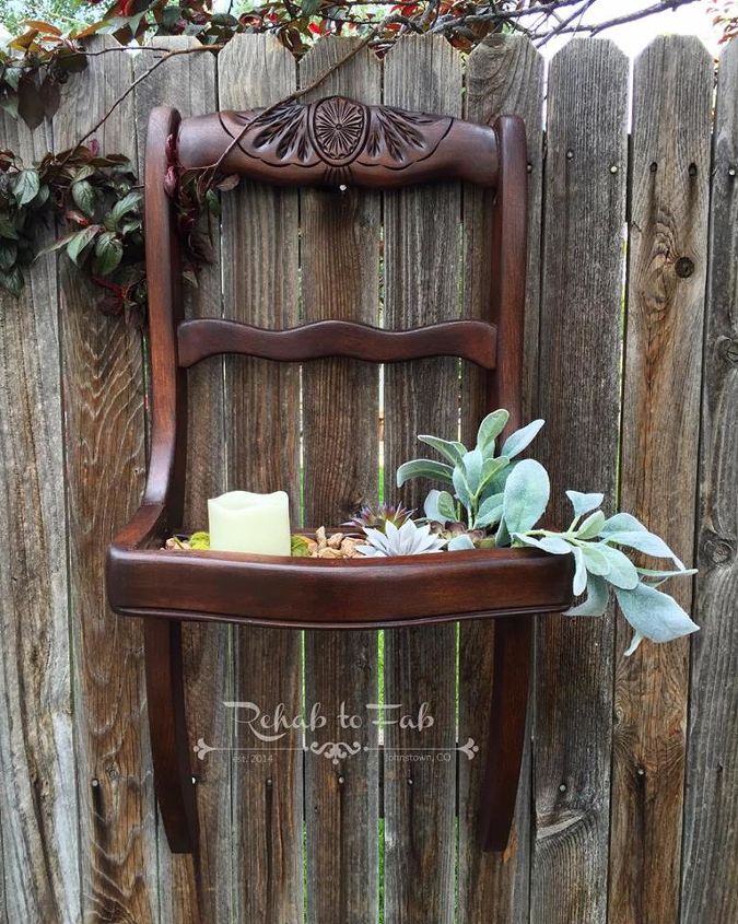 a broken old chair up cycled into a succulent wall planter, container gardening, flowers, gardening, repurpose household items, succulents