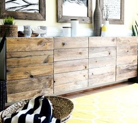 17 easy ways to make ikea furniture look amazingly high end, Clamp rough wood panels over cabinet doors