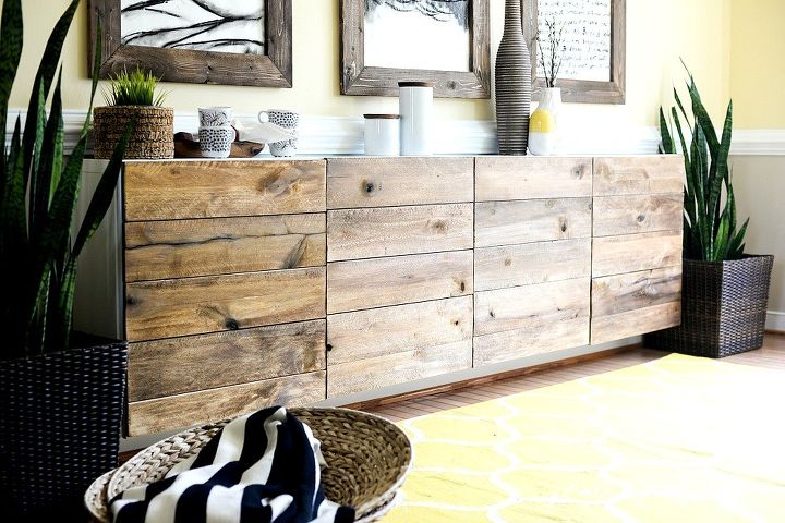 17 easy ways to make ikea furniture look amazingly high end, Clamp rough wood panels over cabinet doors