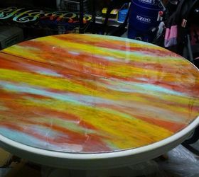 busted to beautiful a unicorn spit table transformation, Right after applying famowood 2 part epoxy