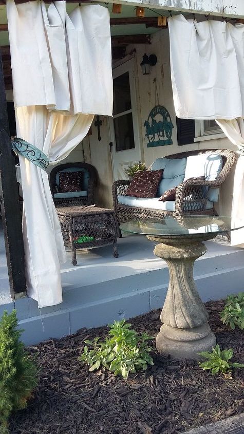 porch remodel with curtains lights landscaping, home decor, home improvement, landscape, porches, window treatments
