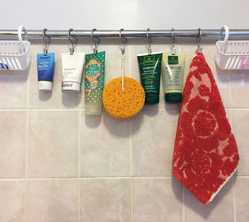 Shower storage! Bins I found at work, shower curtain hooks, and a shower  tension rod. So easy a…