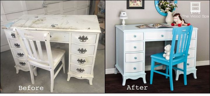 before and after vintage desk vanity for a little girl, bedroom ideas, painted furniture
