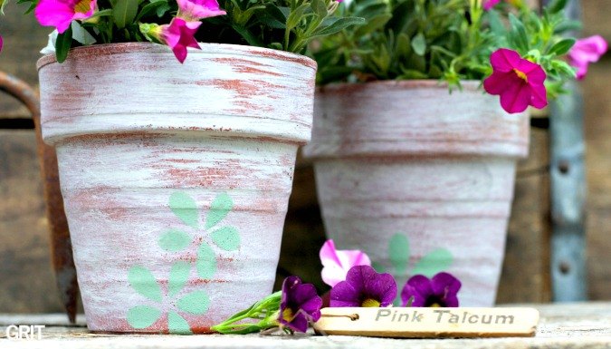 terra cotta pots white washed and stenciled garden, container gardening, crafts