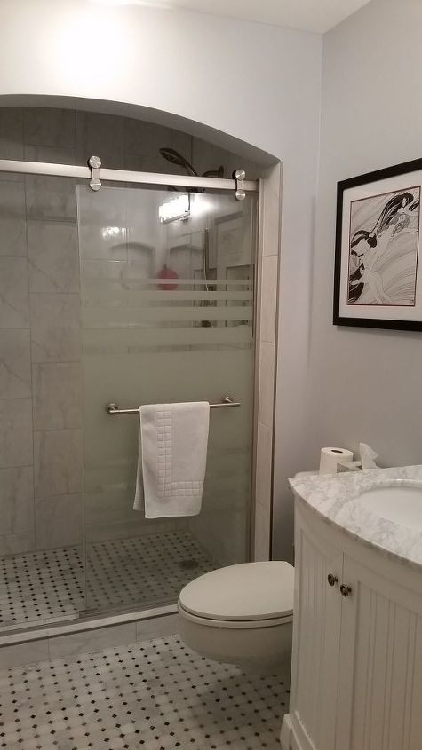 q remodeled bath with no place for t p holder, bathroom ideas, home improvement, No space on either side of the toilet for t p holder the wall opposite the toilet is too far away to be a confortable reach unless you have really long arms