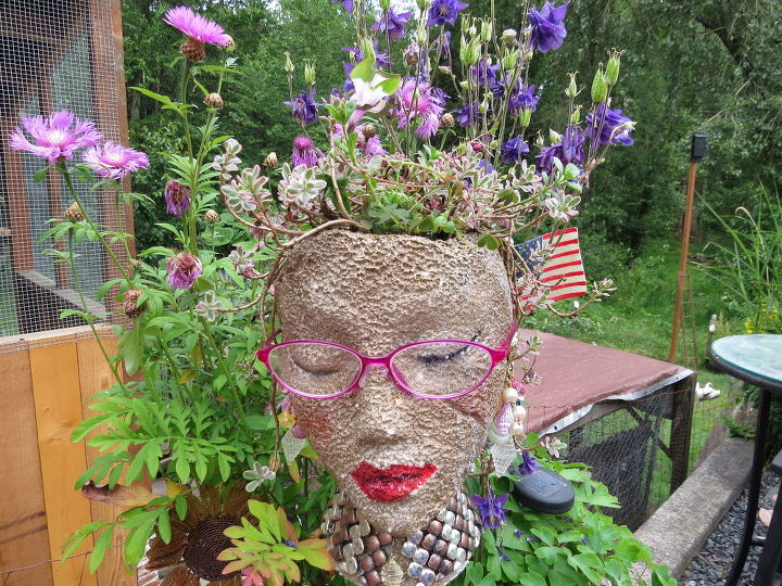 styrofoam heads garden pots cute and unique, container gardening, flowers, gardening, repurposing upcycling