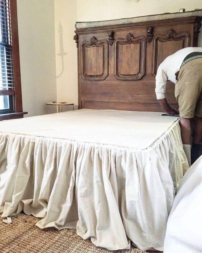 diy no sew drop cloth bed skirt, bedroom ideas, diy, how to