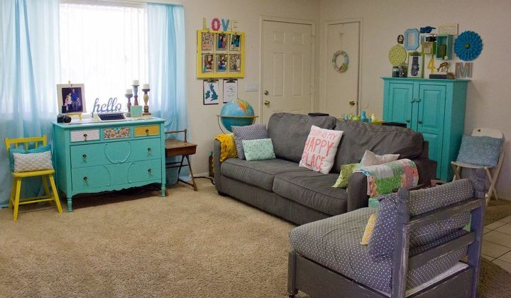 colorful eclectic vintage living room, crafts, living room ideas, painted furniture, shelving ideas