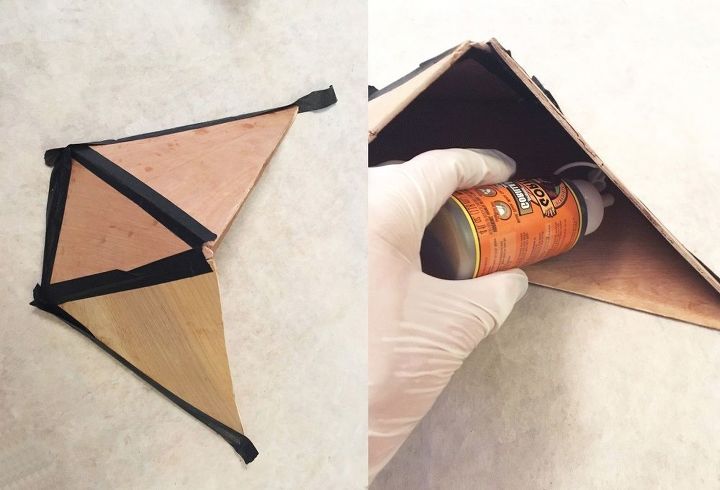 cut plywood into a triangle shape for this stunning shelving idea