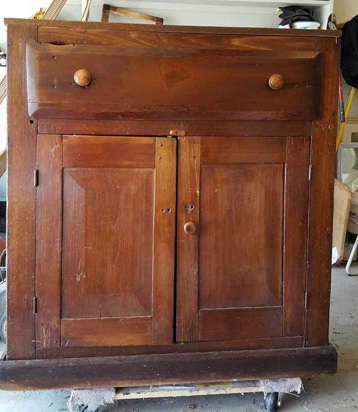 look what i made with this old cabinet , kitchen cabinets, kitchen design, painted furniture, woodworking projects, poor old beat up part of a cabinet