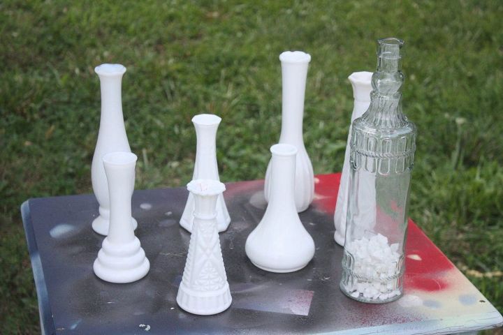 thrifted vases turn milk vase centerpiece, crafts, repurposing upcycling