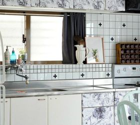 13 ways to instantly brighten up a boring kitchen, Add bold contact paper to blah cabinets
