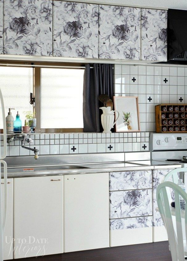 13 ways to instantly brighten up a boring kitchen, Add bold contact paper to blah cabinets