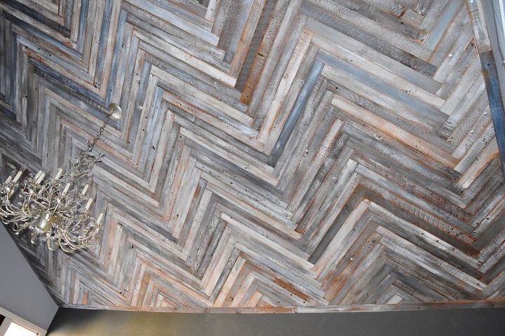 reclaimed wood herringbone pattern on the ceiling, diy, how to, woodworking projects