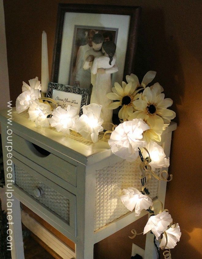 s 16 unexpected ways to use christmas lights this summer, christmas decorations, home decor, lighting, repurposing upcycling, Make floral light decor with coffee filters