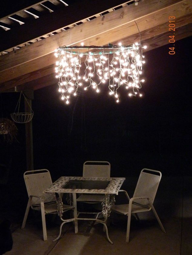s 16 unexpected ways to use christmas lights this summer, christmas decorations, home decor, lighting, repurposing upcycling, Make a hula hoop chandelier for yard parties
