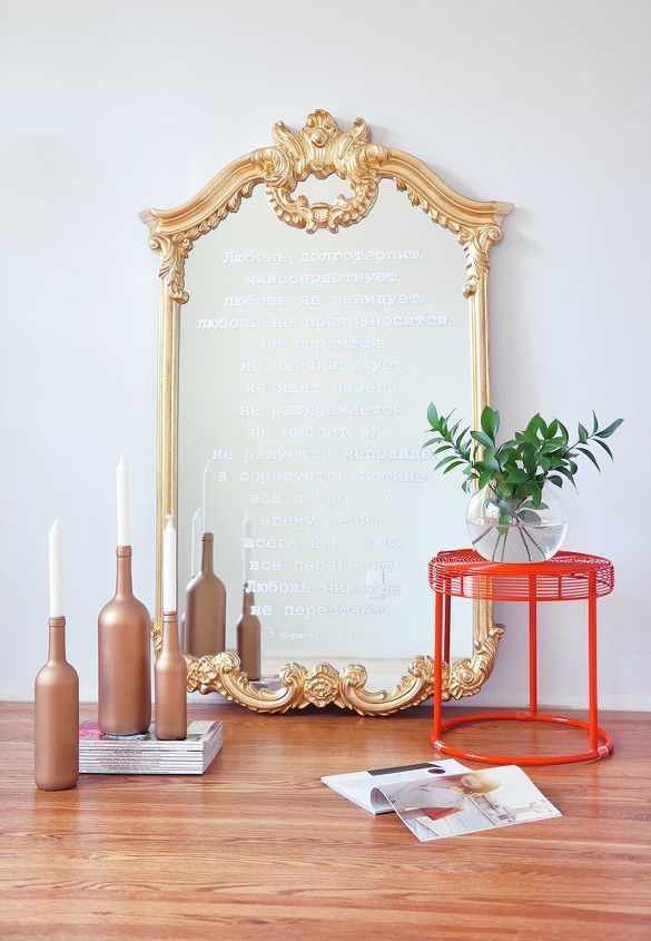 diy mirror makeover stencil your favorite quote on a mirror, crafts, how to, painted furniture