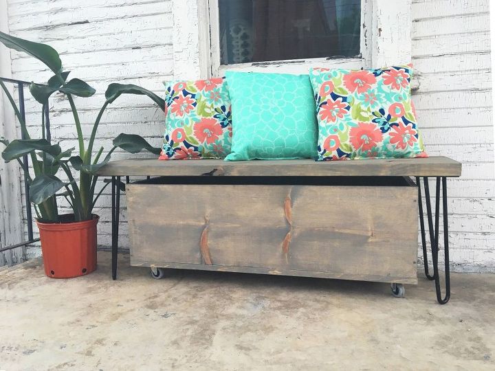 outdoor hairpin leg bench and storage, how to, outdoor furniture, rustic furniture, storage ideas, woodworking projects