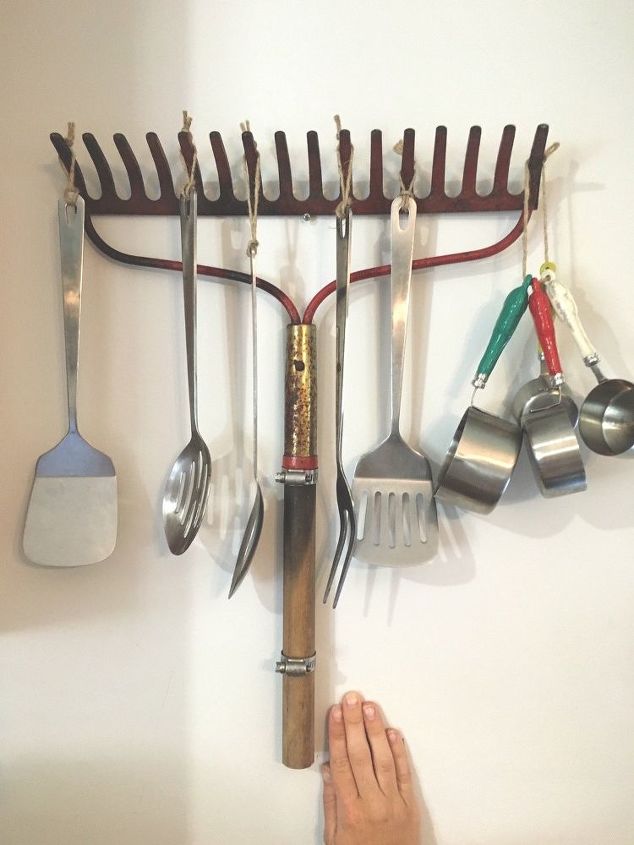 Turn an old rake into awesome kitchen storage | Hometalk