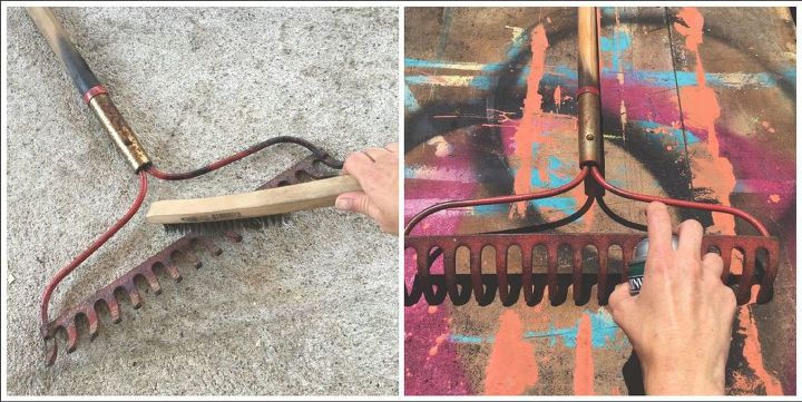 turn an old rake into a kitchen utensil hanger