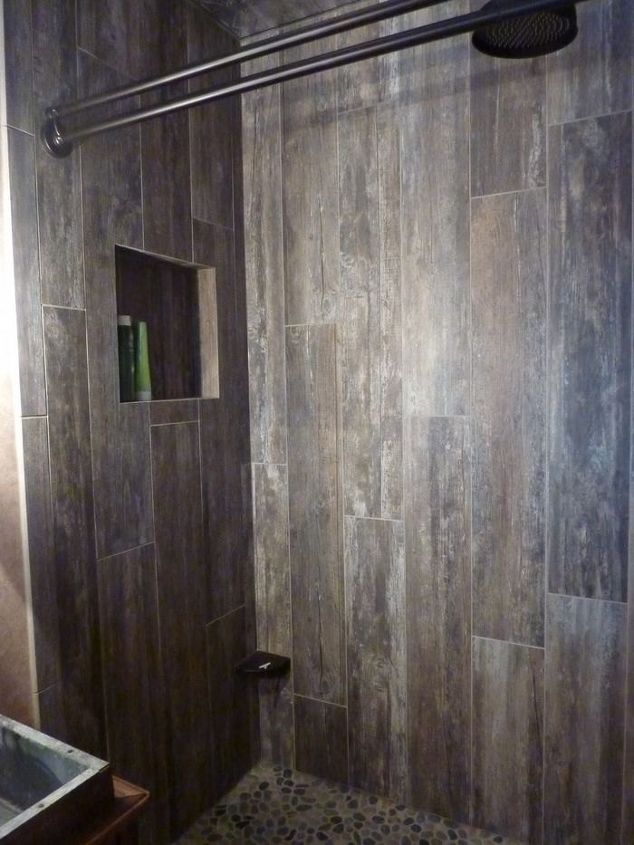 master bathroom transformed with reclaimed wood tile, bathroom ideas, home improvement