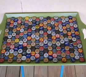 s why old tv trays are the new mason jars 11 reasons , painted furniture finishes, repurposing upcycling, Use beer caps to design a funky serving tray