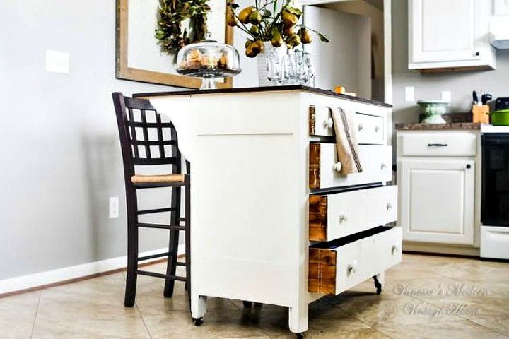 s 11 storage hacks that will instantly declutter your kitchen, kitchen design, organizing, storage ideas, Transform a dresser into a kitchen island