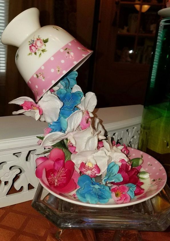 overflowing teacups with silk flowers, crafts, repurpose household items, Have fun with different flowers