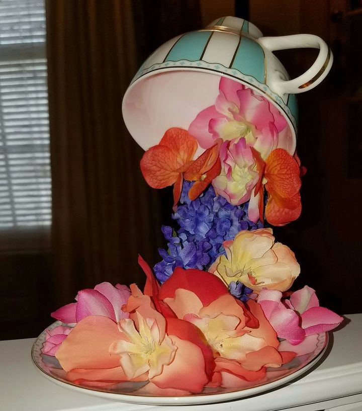 overflowing teacups with silk flowers, crafts, repurpose household items