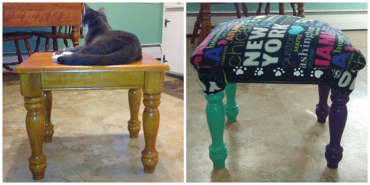 mesa convertida em banco para gatos makeover
