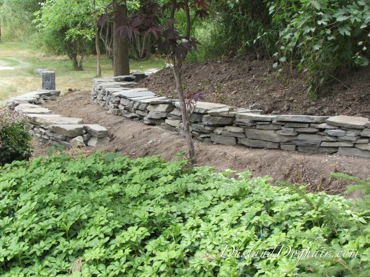 diy stacked stone garden wall, concrete masonry, landscape, outdoor living