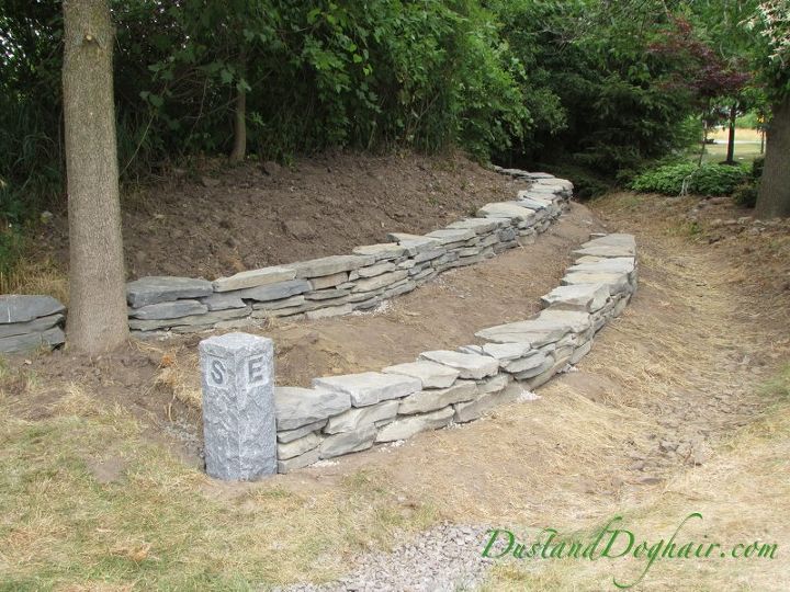 diy stacked stone garden wall, concrete masonry, landscape, outdoor living