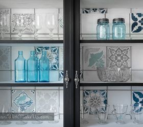 upcycled glass cabinet, kitchen cabinets, kitchen design, painted furniture, Faux stencilled glass cabinet