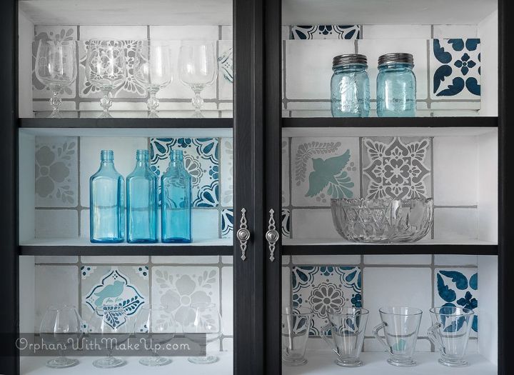 upcycled glass cabinet, kitchen cabinets, kitchen design, painted furniture, Faux stencilled glass cabinet