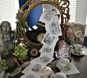 a mad hatter tea party tablescape, repurposing upcycling, reupholster