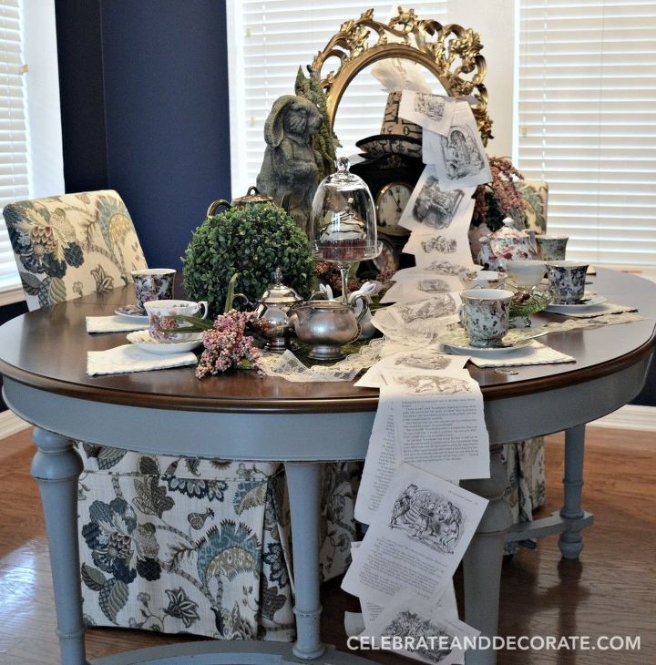a mad hatter tea party tablescape, repurposing upcycling, reupholster