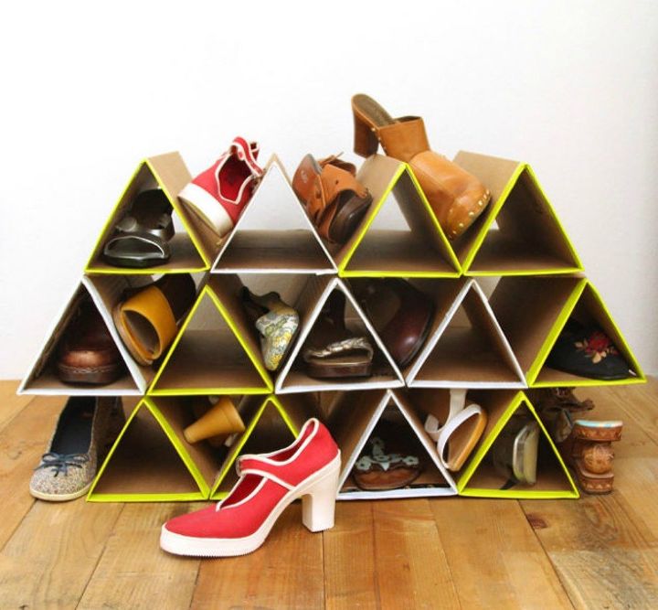 14 free storage ideas using cardboard boxes, Create a triangular shoe rack