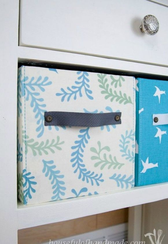14 free storage ideas using cardboard boxes, Add handles and fabric for pull out shelves