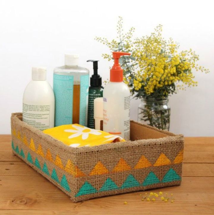 14 free storage ideas using cardboard boxes, Wrap it in burlap for a cute bathroom box