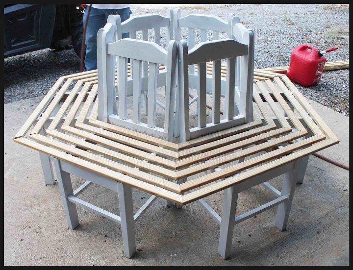tree bench made from kitchen chairs, diy, outdoor furniture, repurposing upcycling, woodworking projects