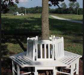 tree bench made from kitchen chairs, diy, outdoor furniture, repurposing upcycling, woodworking projects