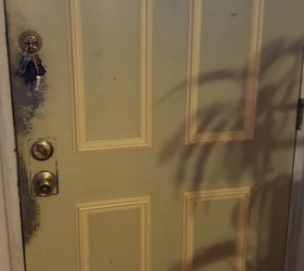q 30 yr old fire door need help to restore , doors, painted furniture, painting, painting over finishes, This is a fire door and I would like to give it a face lift what kind of paint do I need and the trim is plastic do i remove it or paint over its humid here in chgo and the sun shines directly on the door help please