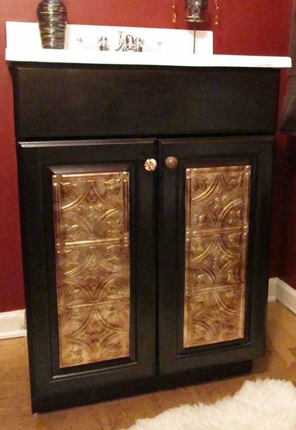 s 11 ways to transform your bathroom vanity without replacing it, bathroom ideas, Add gold plated ceiling tile to your cabinet
