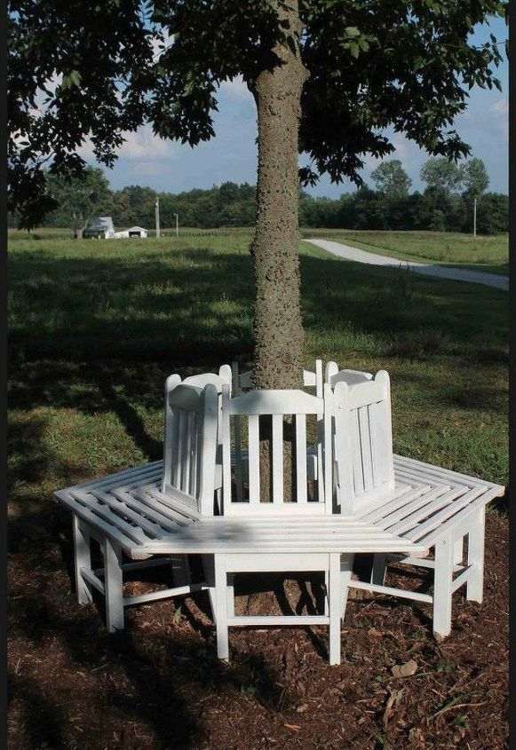 s when creative people need more backyard seating, outdoor furniture, They upcycle chairs into a hexagon bench