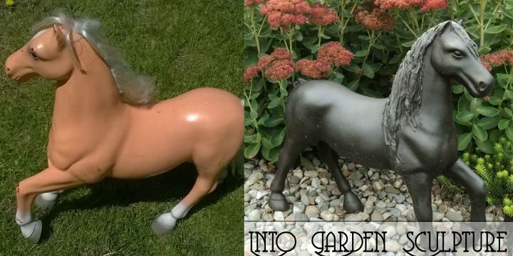 caballo de juguete en escultura de jardin de bronce pintado como un jefe