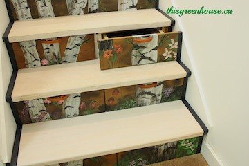 surprise stair risers a birch forest, how to, painting, stairs, We built drawers into the bottom three risers