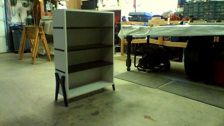 what to do about white paint that is too bright, I built this bookcase out of 4 table leafs and the legs reconfigured off a mid century modern coffee table The shelves are permanent re painting would be painful How to tone down the bright white without making it look antiqued