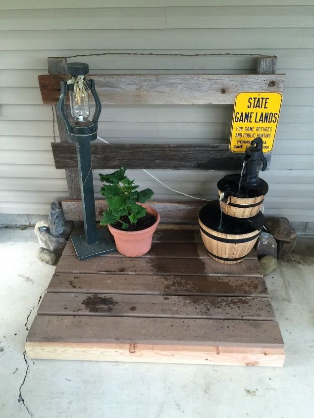 old barnboard porch display platform, how to, woodworking projects, The finished project